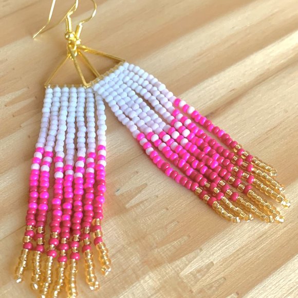Gradient Colors Gold Triangle Body Hand Beaded Seed Bead Tassel Dangle Earrings - Picture 6 of 15